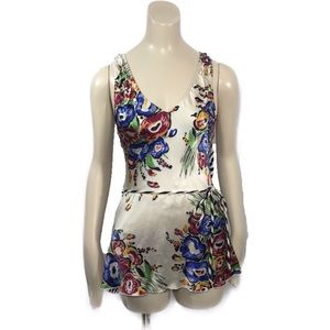 Tiny black & white “buds and stripes” silk tank sz Small S